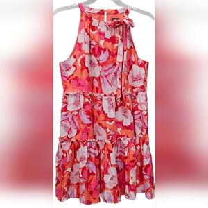 Vince Camuto Floral Linen-Blend Tiered Halter Dress Size 14 Coral Pink